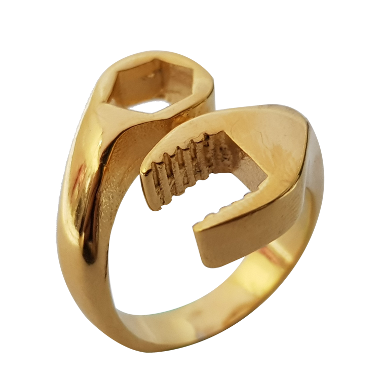白鋼戒指，男士戒指 金色扳手造型；美式Racing Style（3808金色）