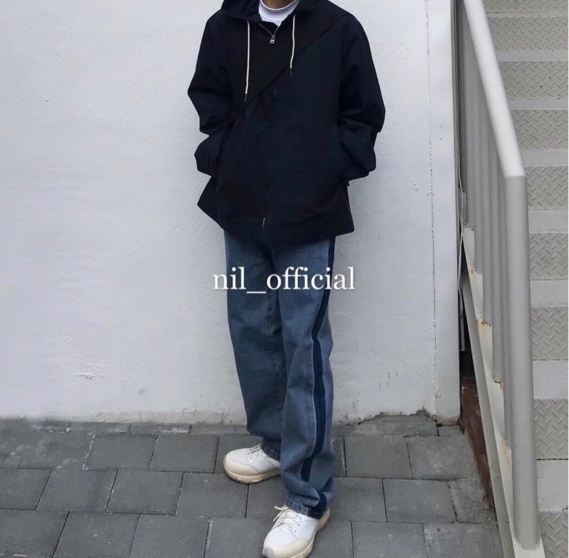 韓國 水洗雙色拼接串標直筒牛仔褲