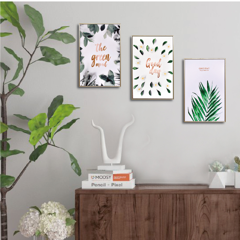 北歐生活版畫有框畫19x29-金采綠葉WA92 三幅一組
