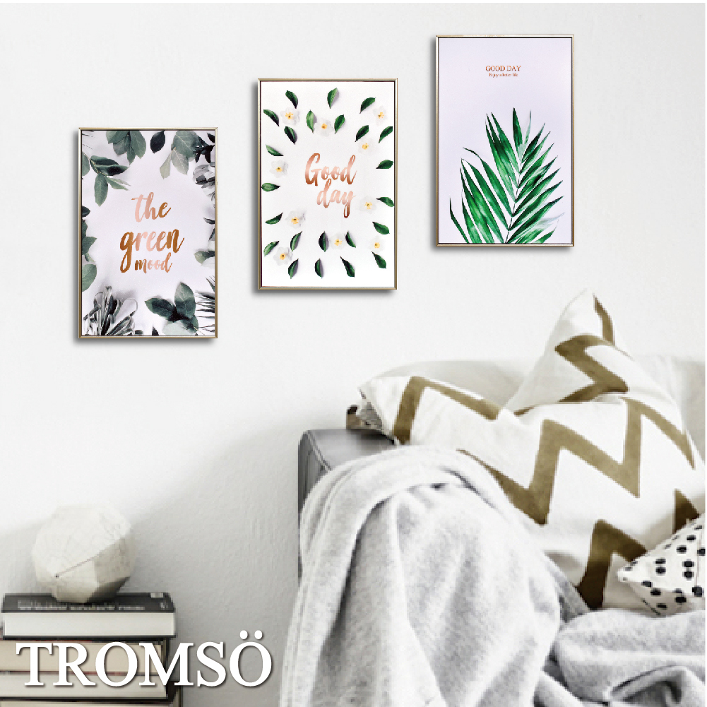 北歐生活版畫有框畫19x29-金采綠葉WA92 三幅一組