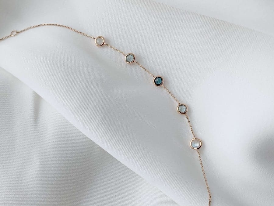 14k玫瑰金 五顆圓圓藍藍寶石手鍊