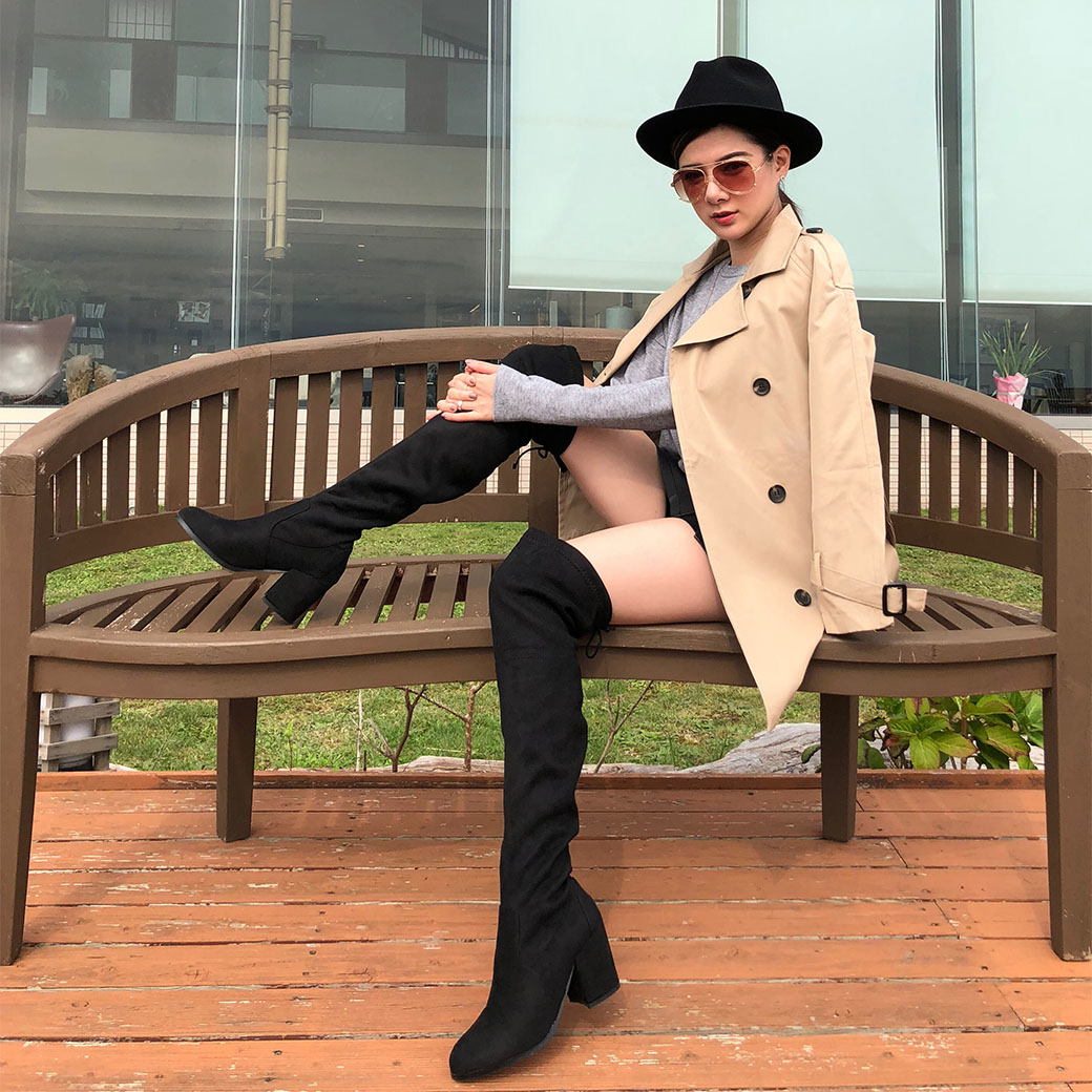 粗跟麂皮膝上靴