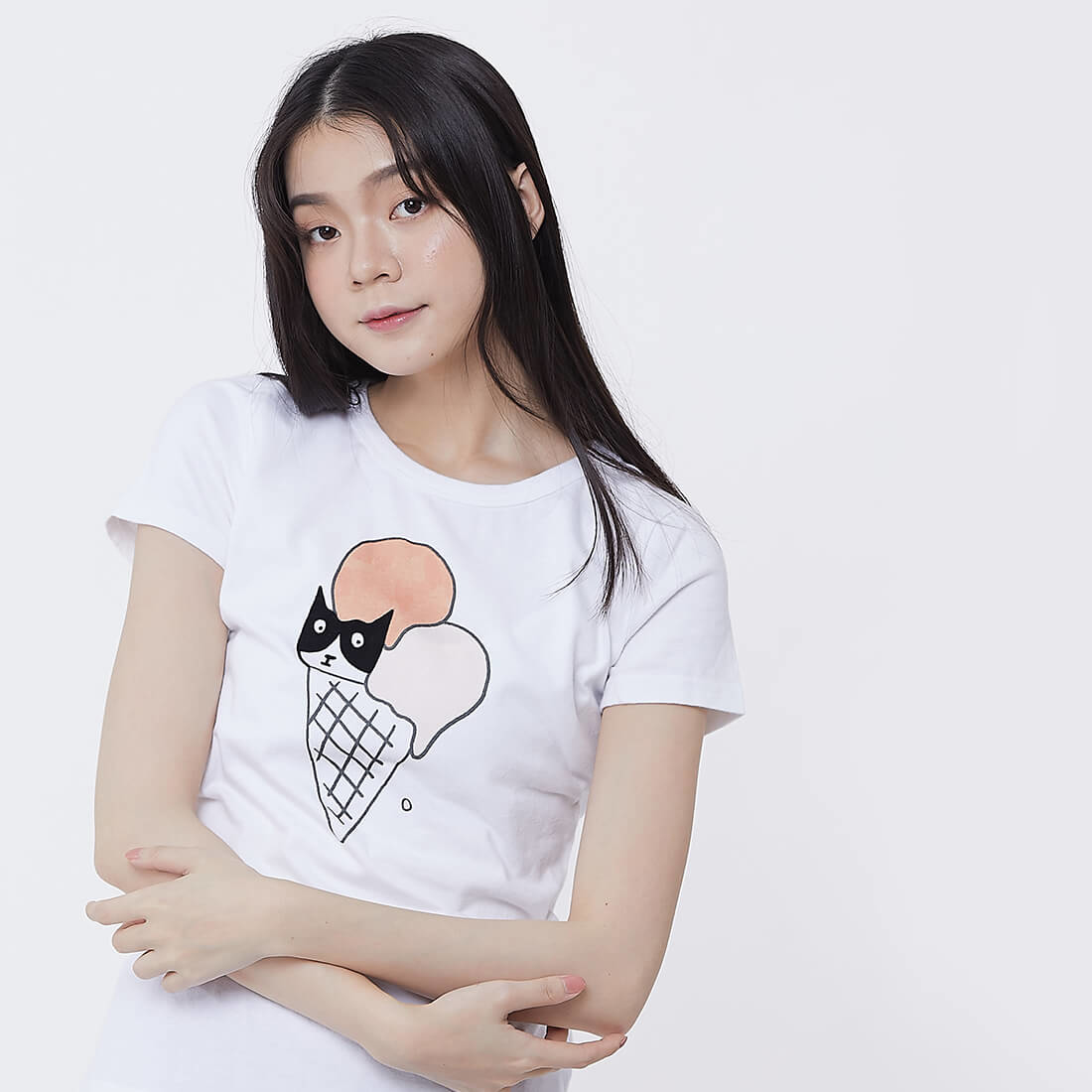 貓躲冰淇淋 短袖 蜜桃棉 女T 純白