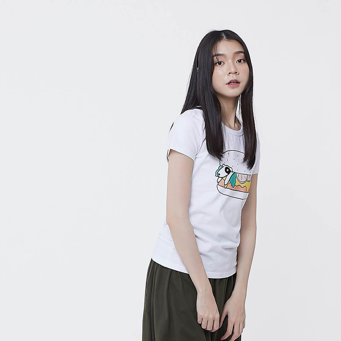 狗啃大漢堡 短袖 蜜桃棉 女T純白