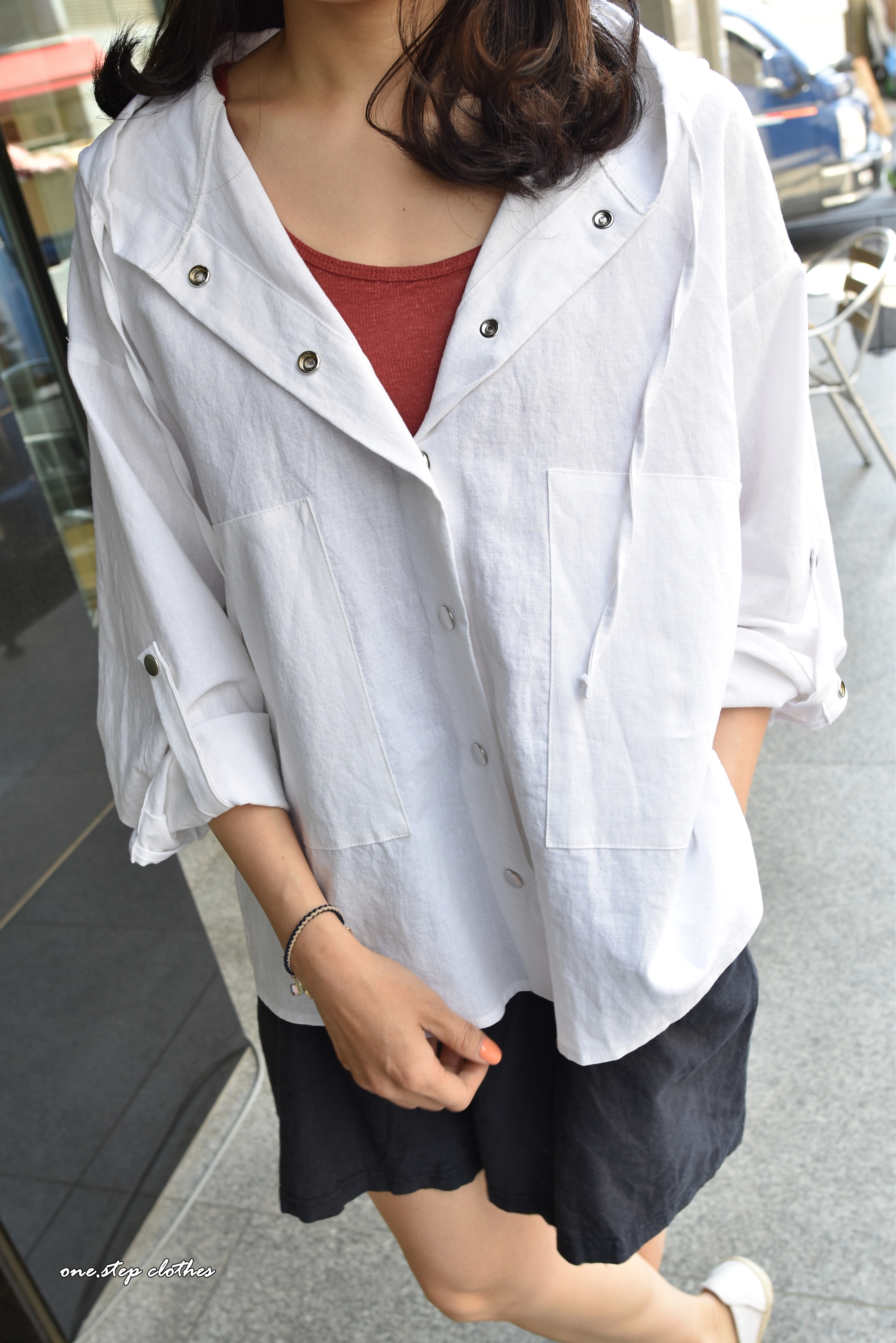 正韓壓紋棉麻背心 (橘紅)