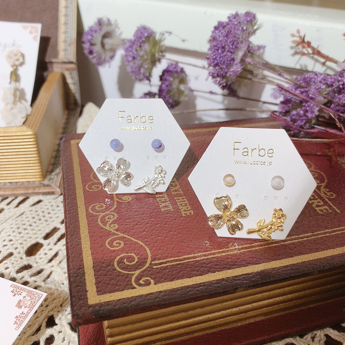 [網站限定優惠][日本制]Farbe 金屬花小珍珠耳環set