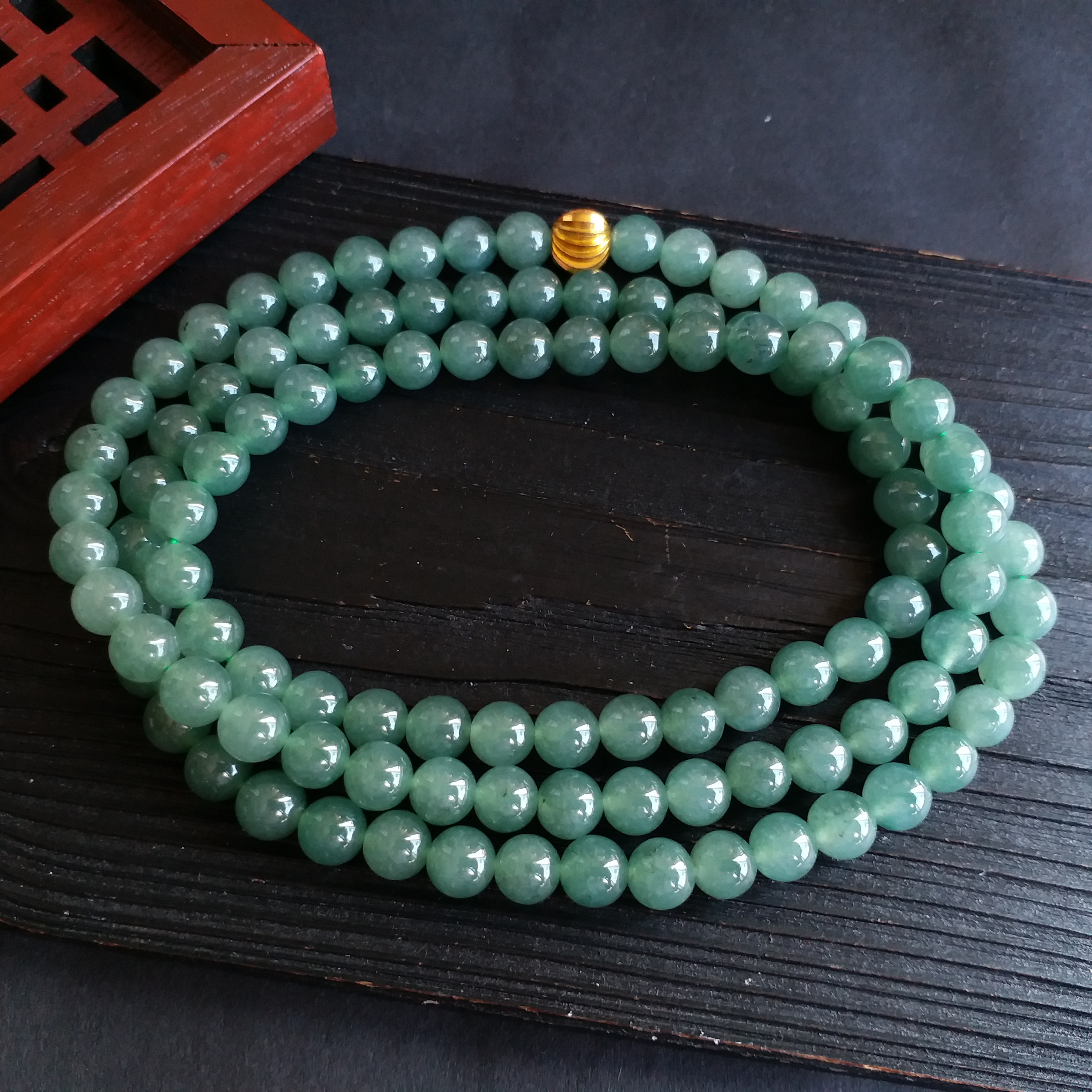 冰油綠翡翠玉珠項鍊 (6.9mm直徑), 天然翡翠A玉, 緬甸玉, Jade, Jadeite