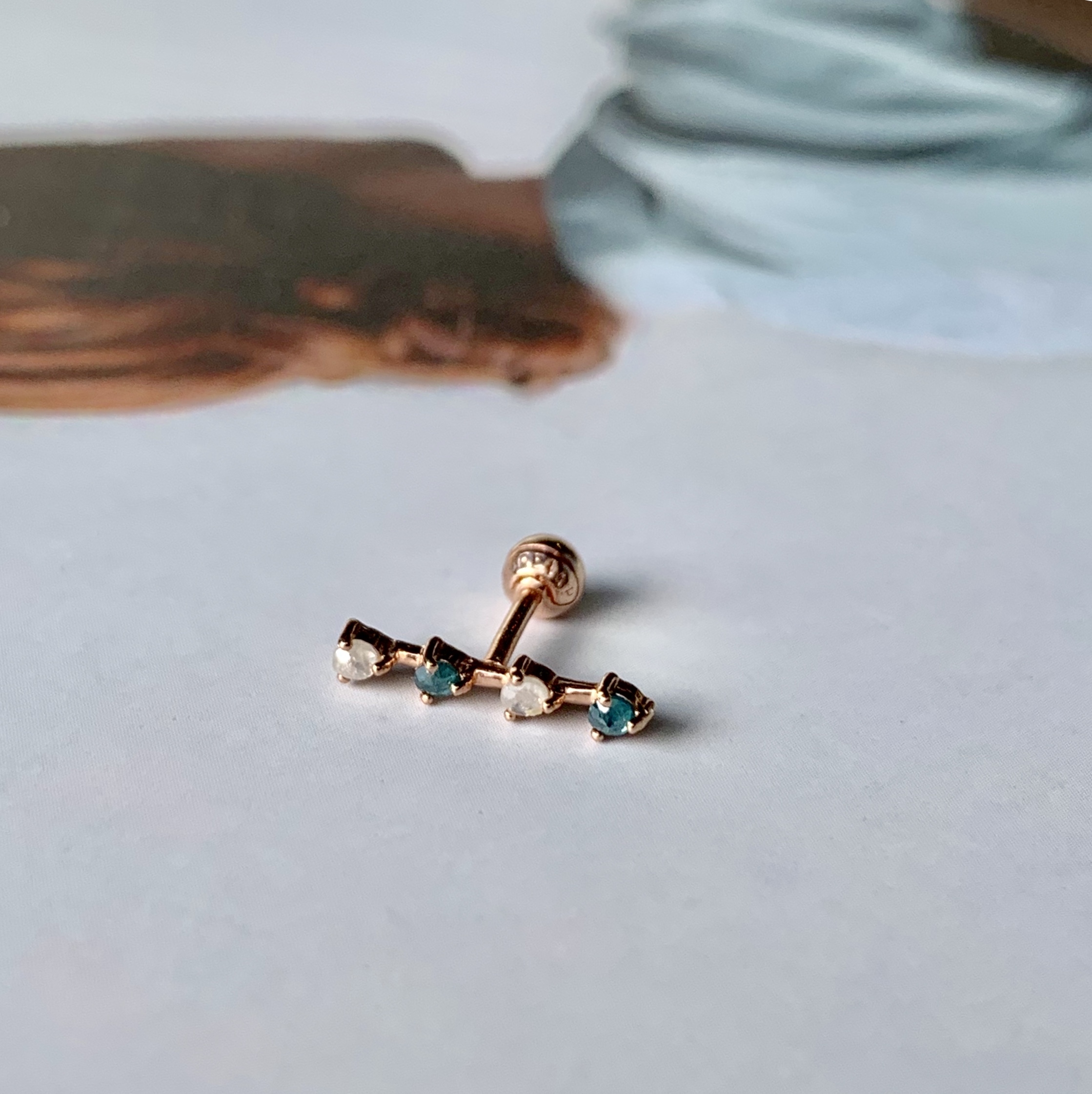 14k玫瑰金 直排灰藍灰藍轉珠耳環