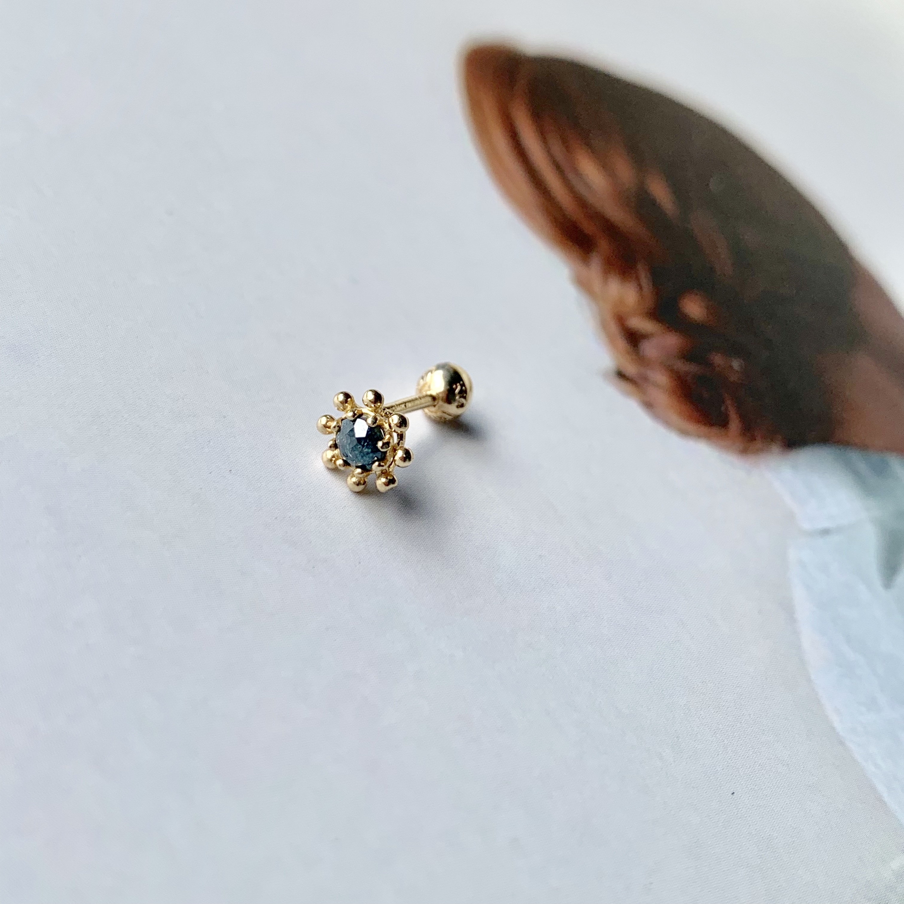 14k純金 藍鑽原礦小太陽轉珠耳環