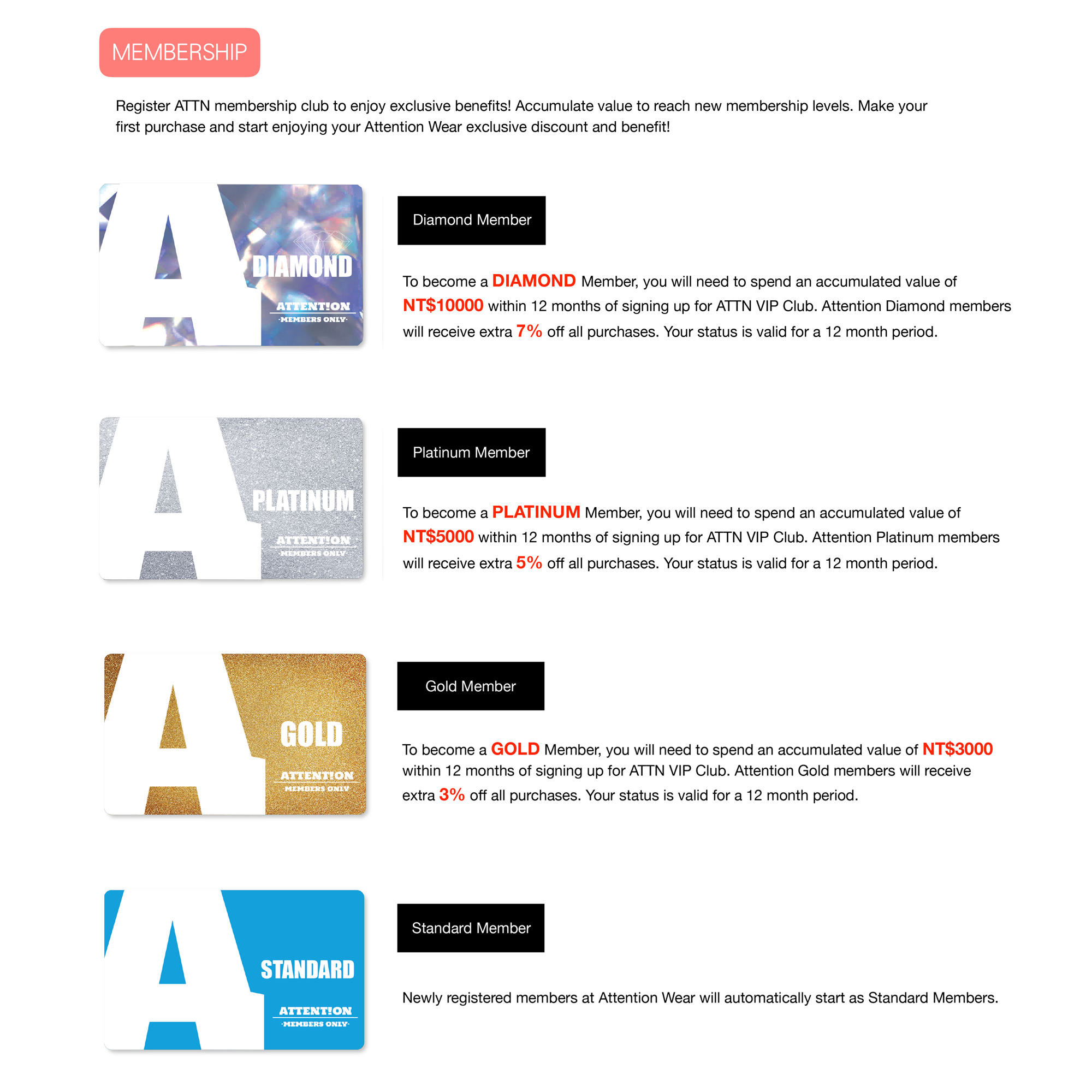 Attention Wear VIP club membership, Standard members, Gold, Platinum, Diamond get extra discounts off all purchase