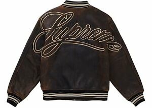 SUPREME LEATHER VARSITY JACKET 背面草寫字 皮革外套 藍/紅-SS19J33
