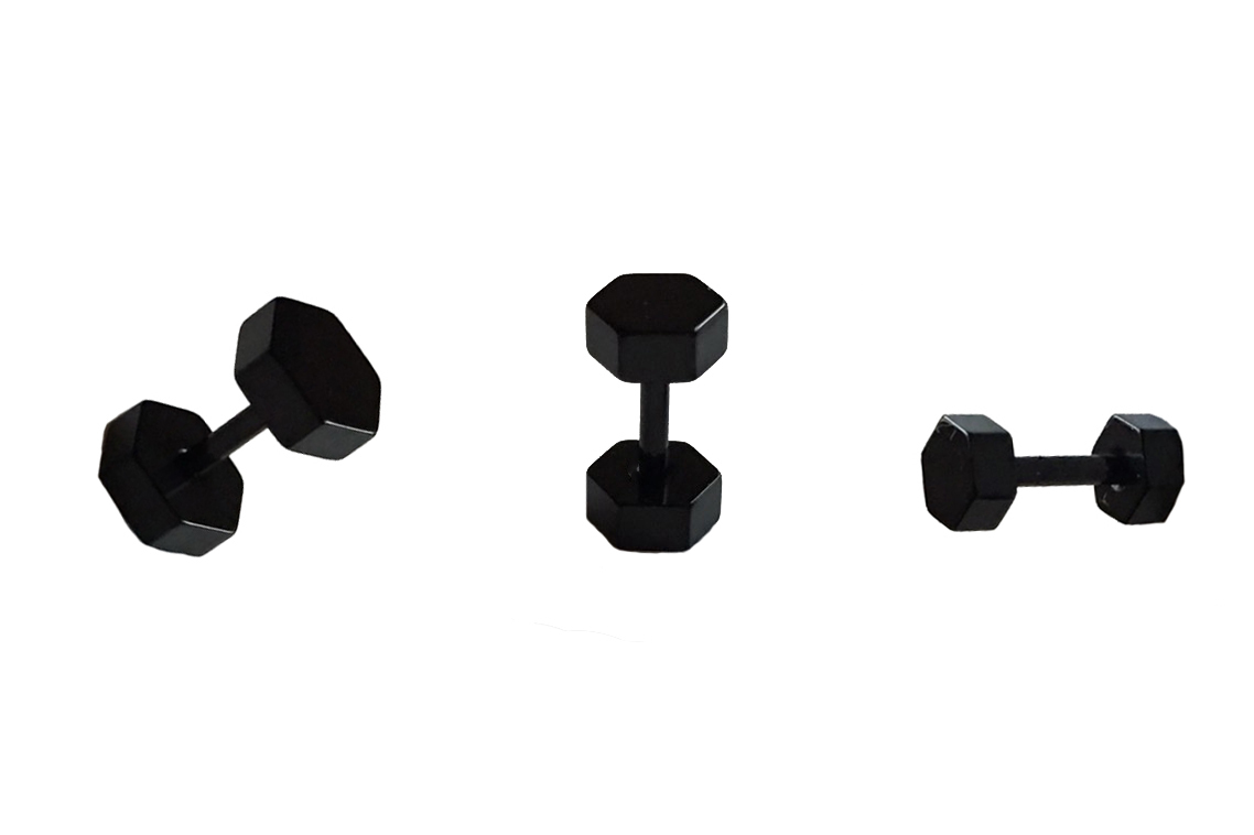 醫療鋼六角型啞鈴耳環 (黑色)