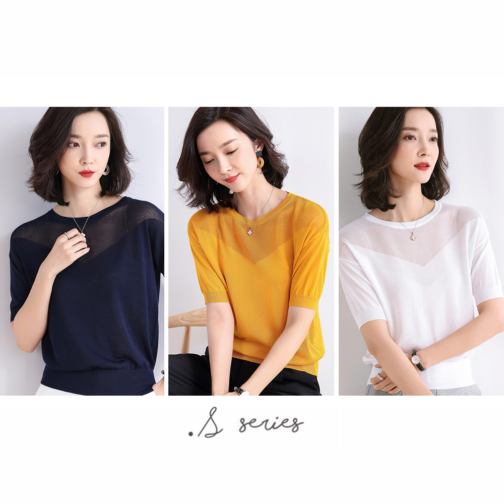 DEER.W圓領拼V型鏤空針織上衣 三色