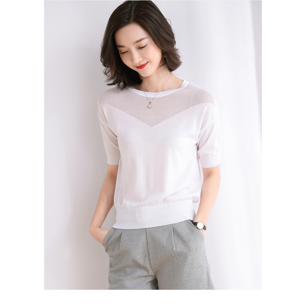 DEER.W圓領拼V型鏤空針織上衣 白色