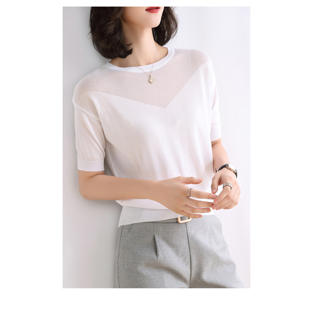 DEER.W圓領拼V型鏤空針織上衣 白色