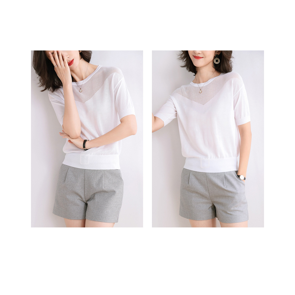 DEER.W圓領拼V型鏤空針織上衣 白色