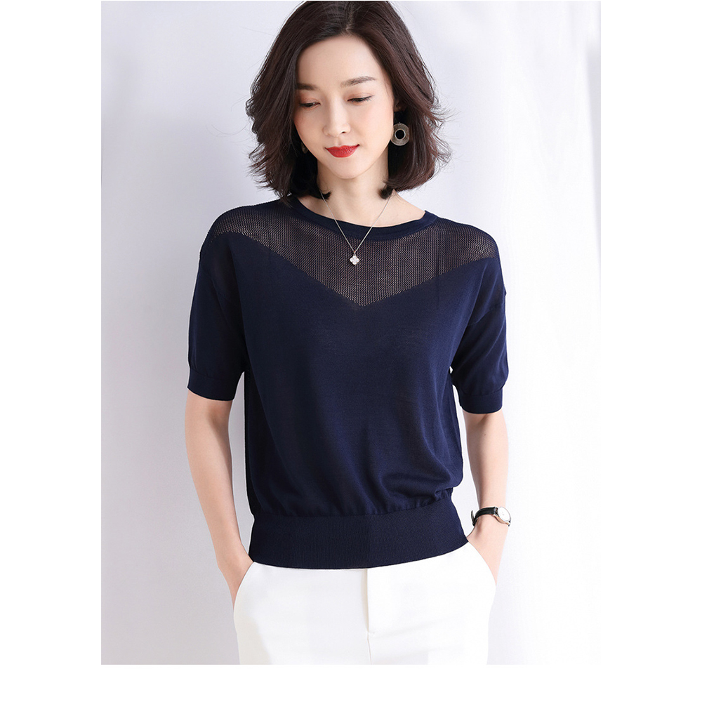 DEER.W圓領拼V型鏤空針織上衣 藏青