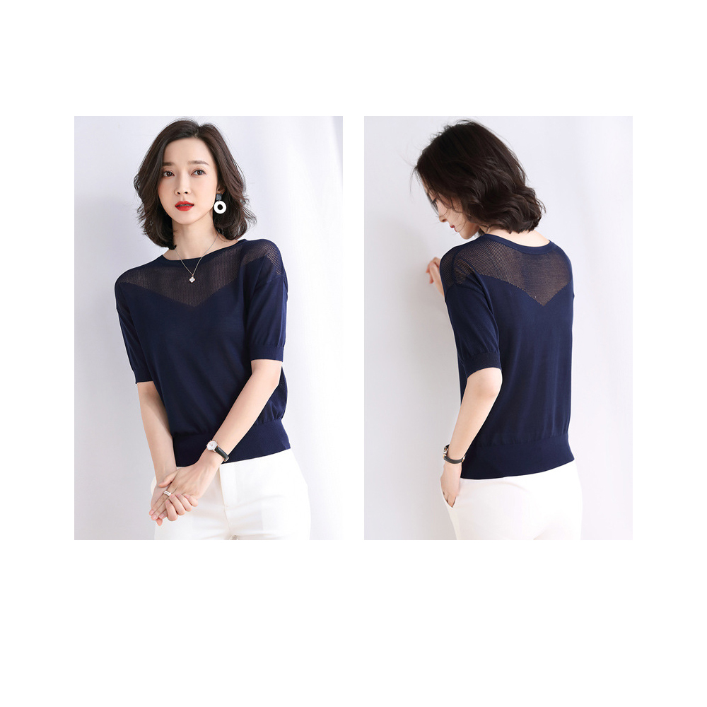 DEER.W圓領拼V型鏤空針織上衣 藏青
