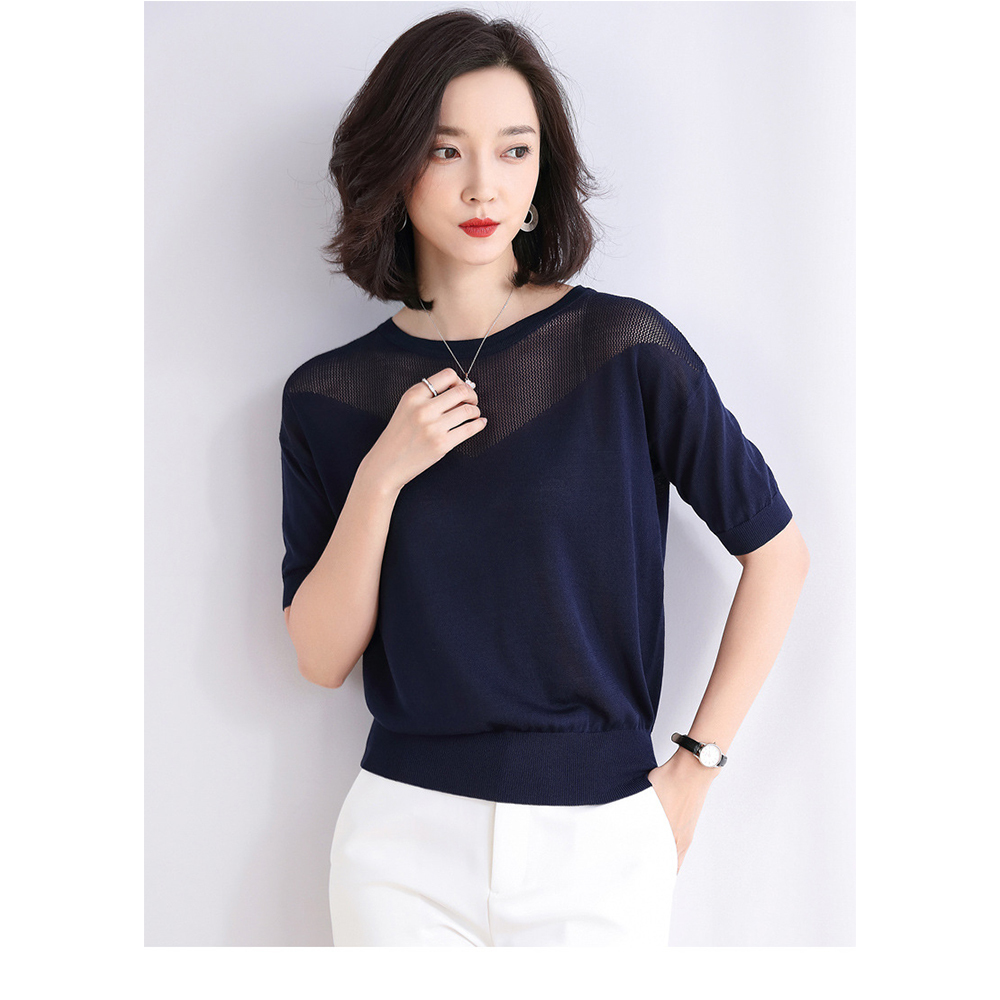 DEER.W圓領拼V型鏤空針織上衣 藏青