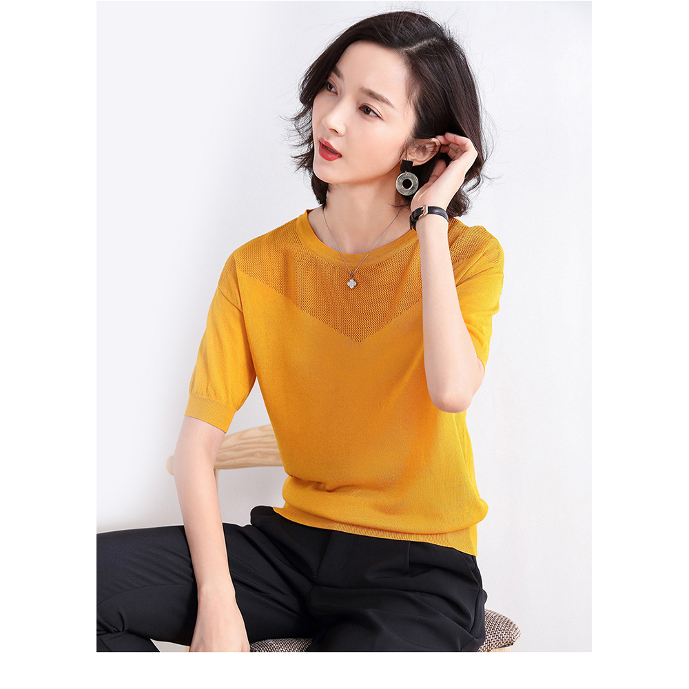 DEER.W圓領拼V型鏤空針織上衣 薑黃