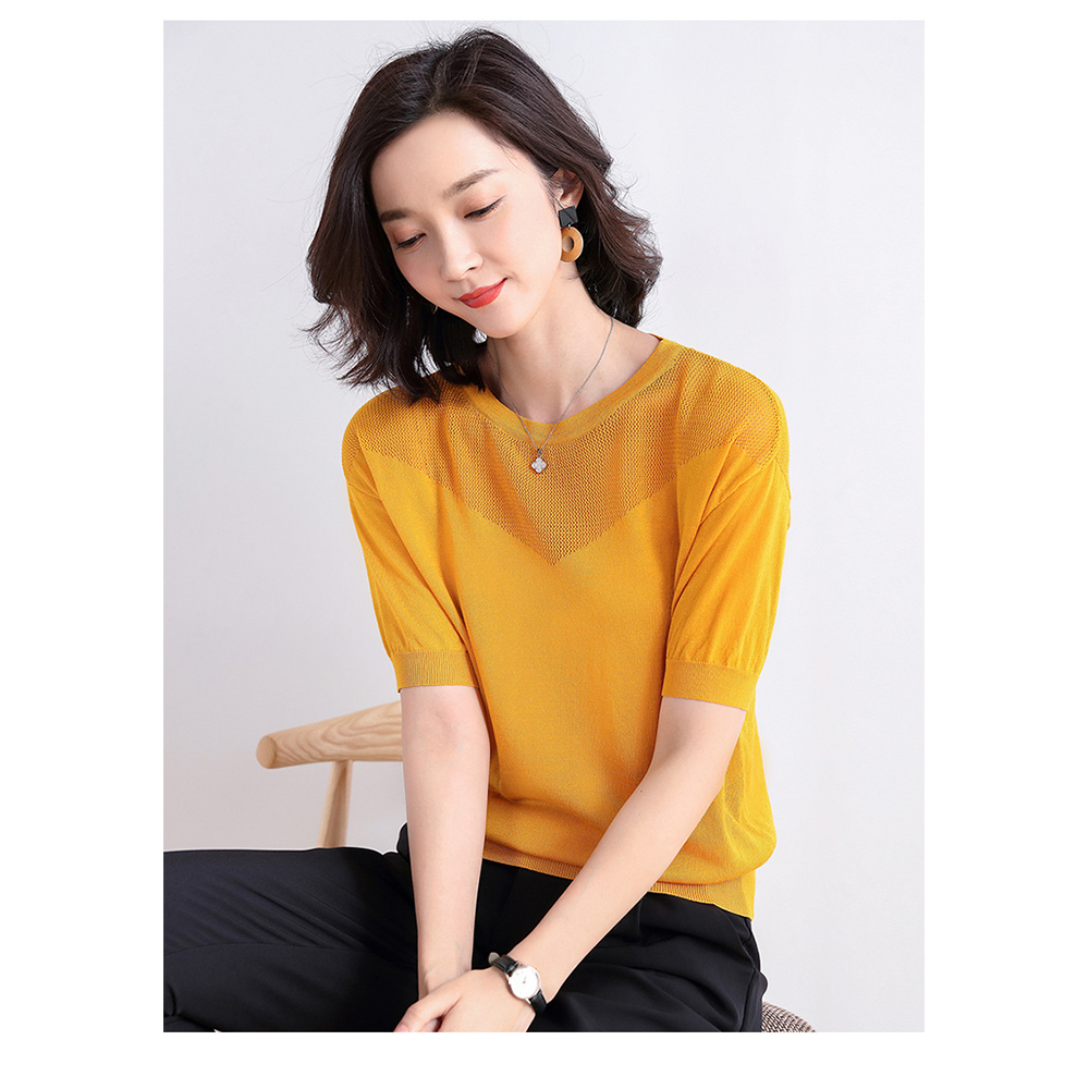 DEER.W圓領拼V型鏤空針織上衣 薑黃