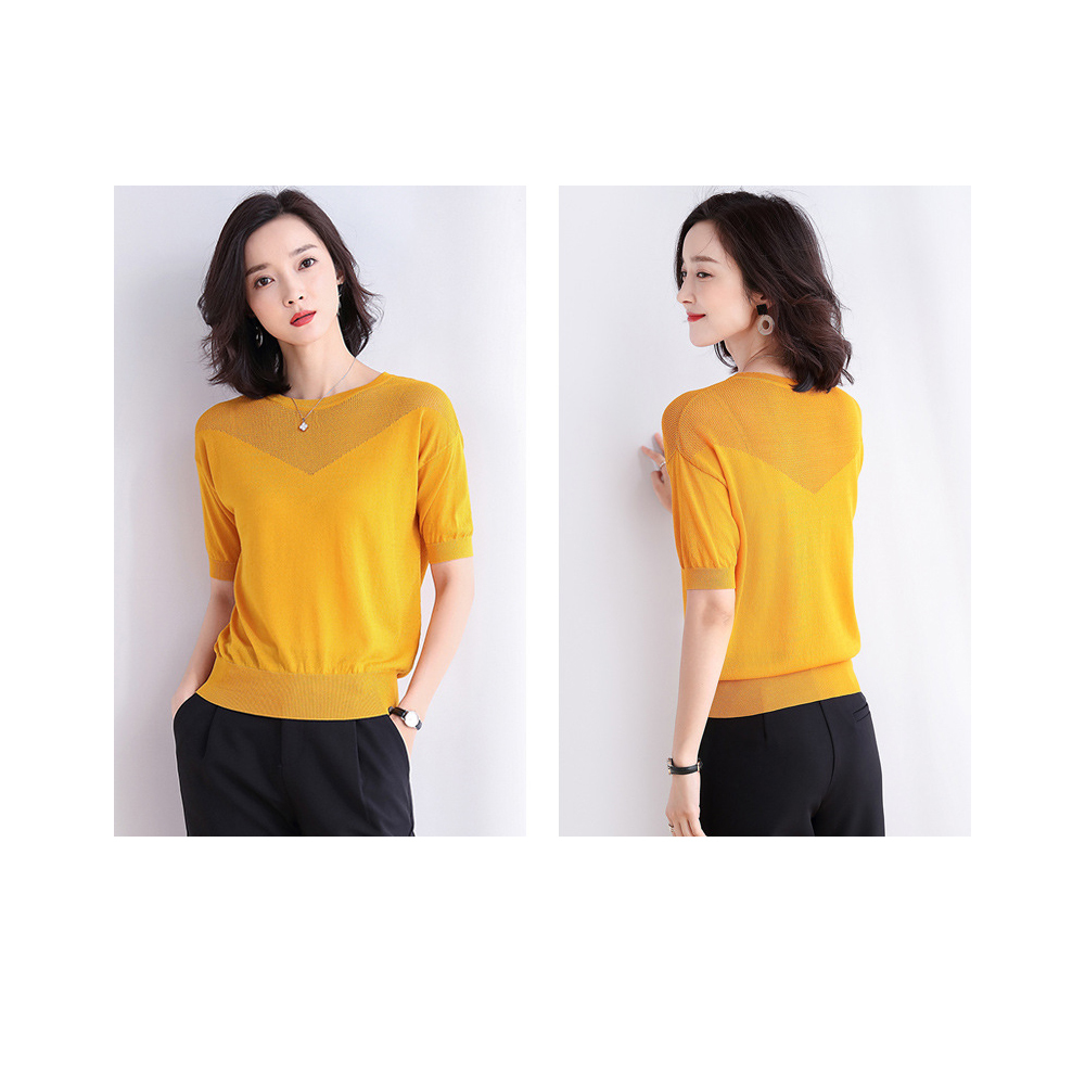DEER.W圓領拼V型鏤空針織上衣 薑黃