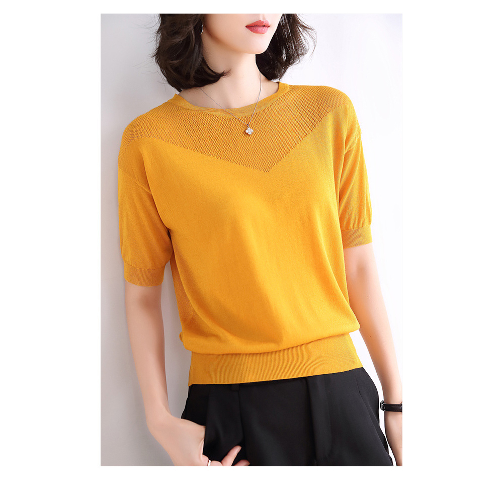 DEER.W圓領拼V型鏤空針織上衣 薑黃