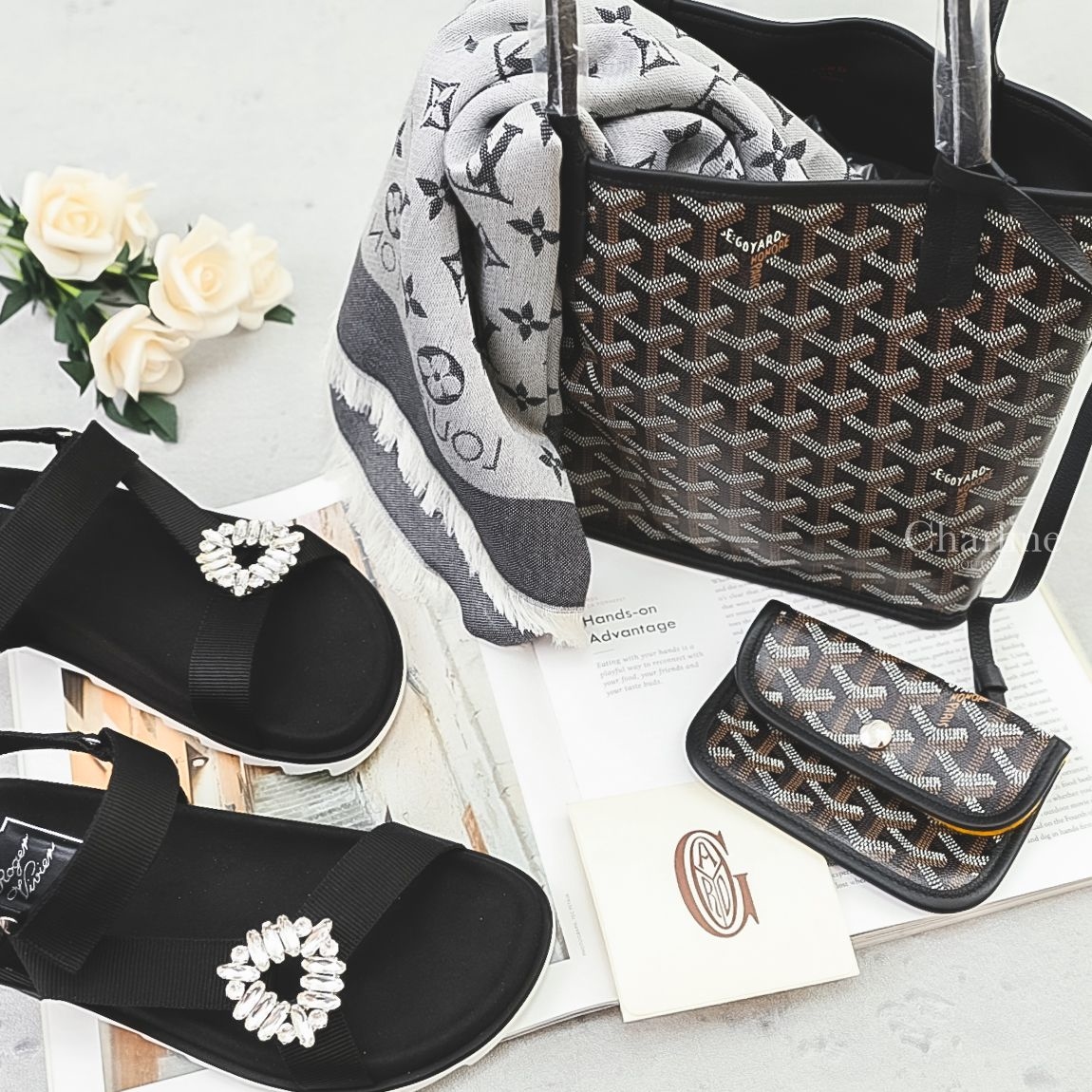Goyard Anjou Mini Bag 黑色黑提把迷你無拉鍊托特包,Roger Vivier Trekky Viv' Sandals in Fabric 黑色布面銀色水晶方釦平底涼鞋-Charline Boutique 精品代購