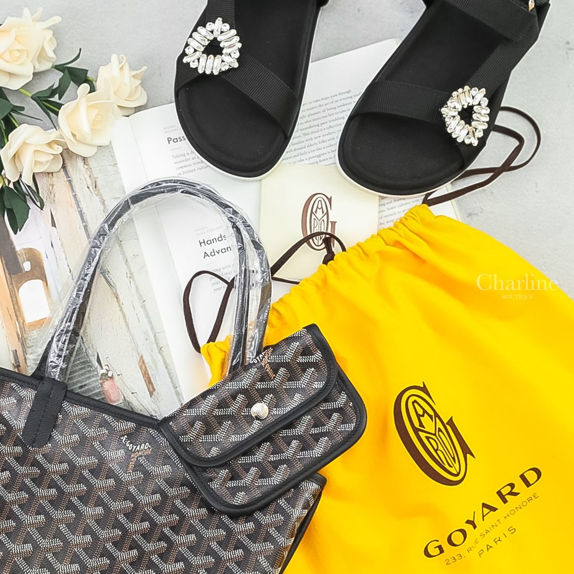 Goyard Anjou Mini Bag 黑色黑提把迷你無拉鍊托特包,Roger Vivier Trekky Viv' Sandals in Fabric 黑色布面銀色水晶方釦平底涼鞋-Charline Boutique 精品代購