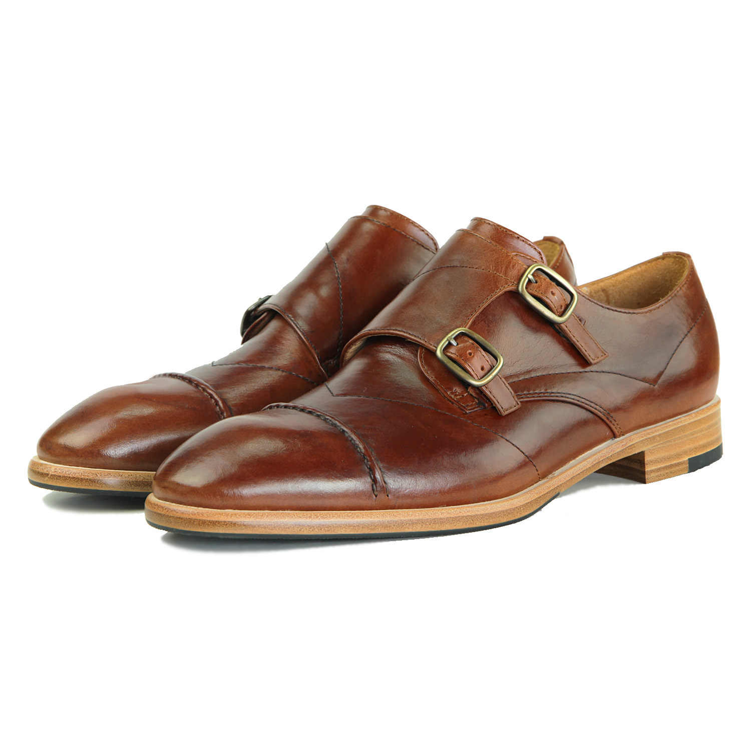 Monk leather shoes with Double Strap M1195  Caramel Brown