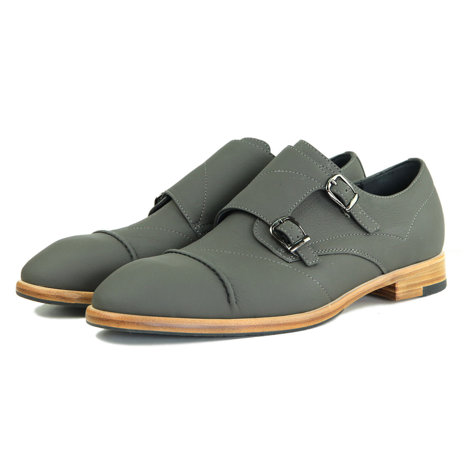 Double Strap Monk Leather Shoes M1195 Grey