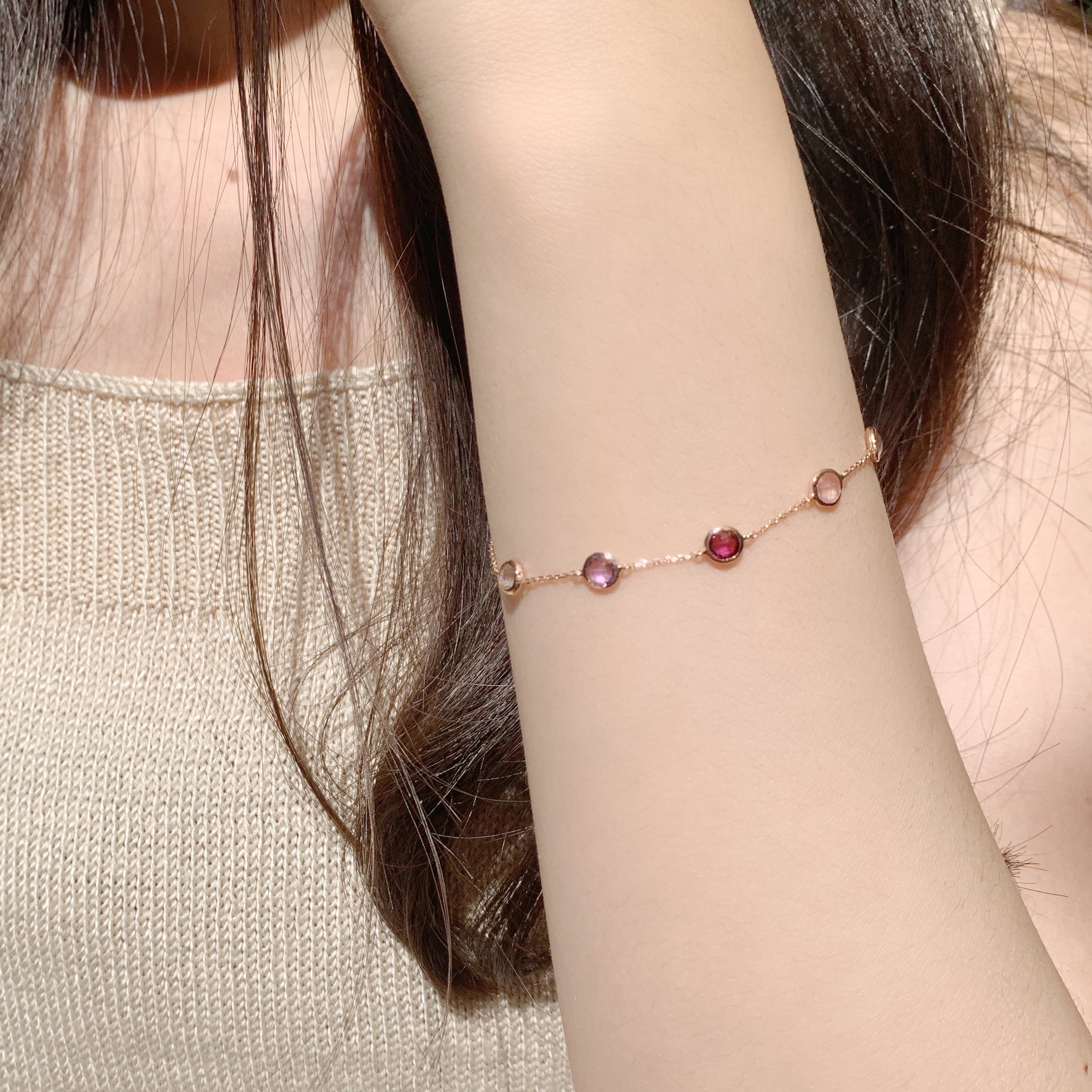 14k玫瑰金 五顆圓圓溫柔系寶石手鍊