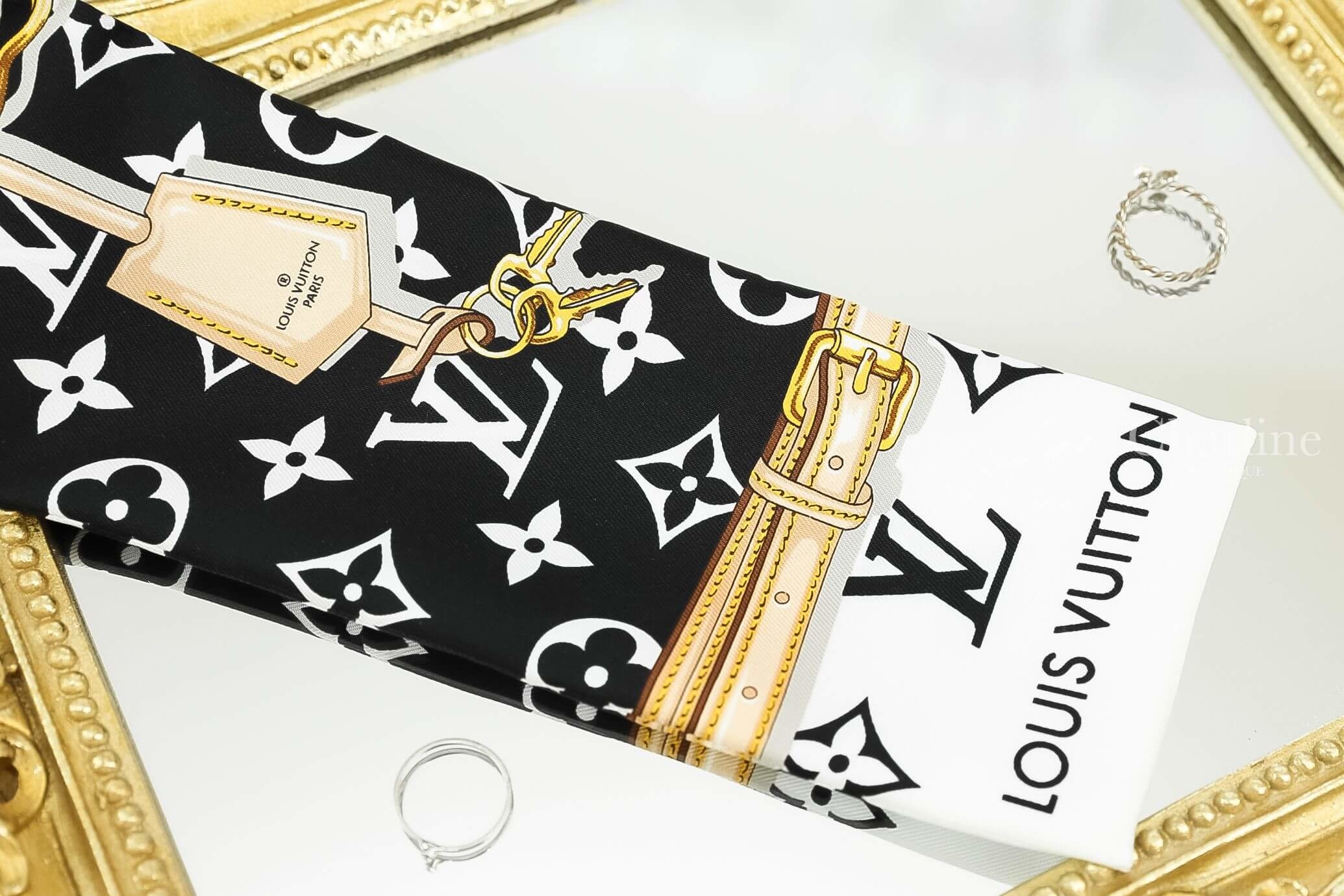 Louis Vuitton Monogram Confidential Bandeau 黑白老花金屬鍊條圖騰絲巾