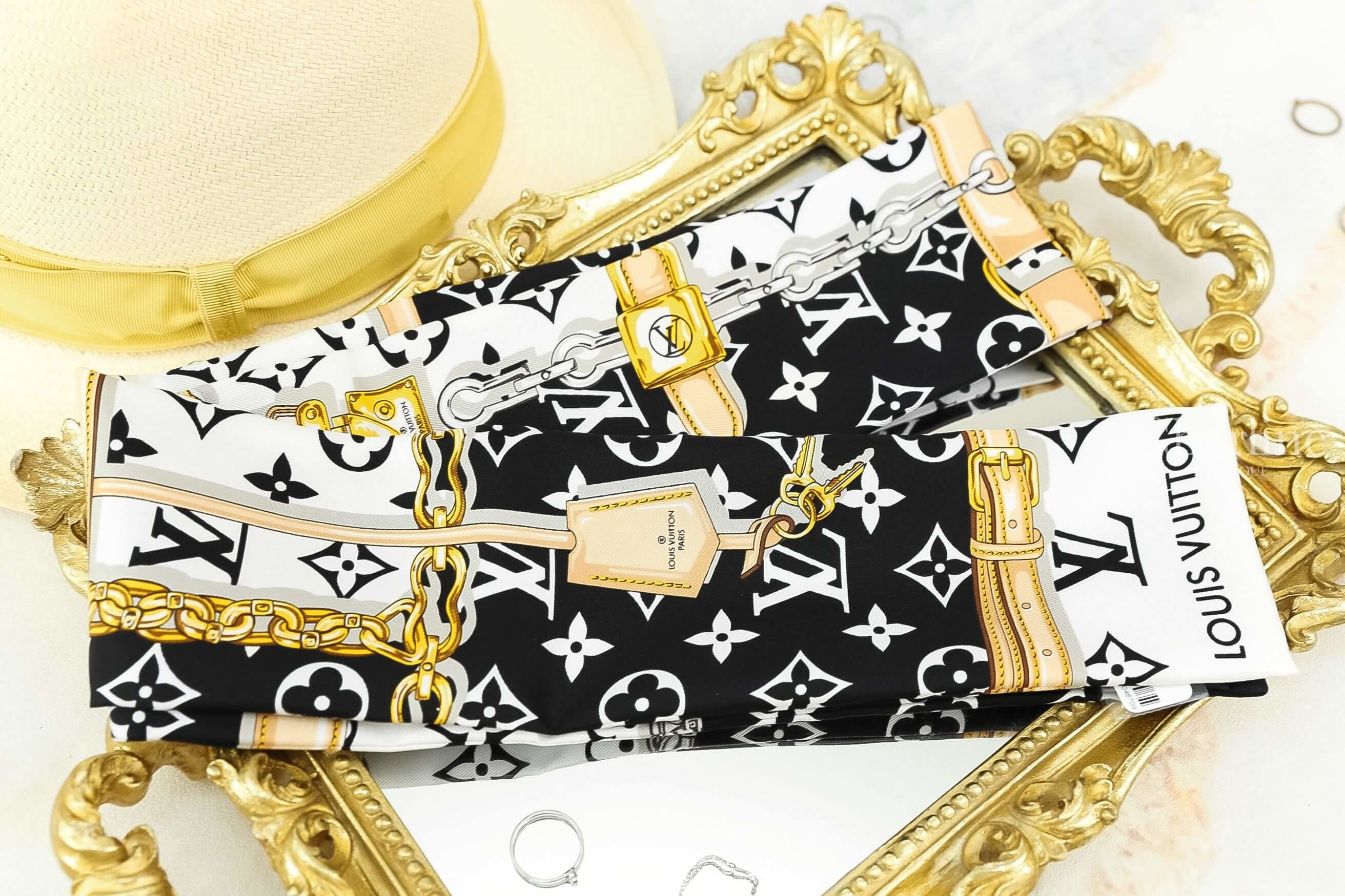 Louis Vuitton Monogram Confidential Bandeau 黑白老花金屬鍊條圖騰絲巾