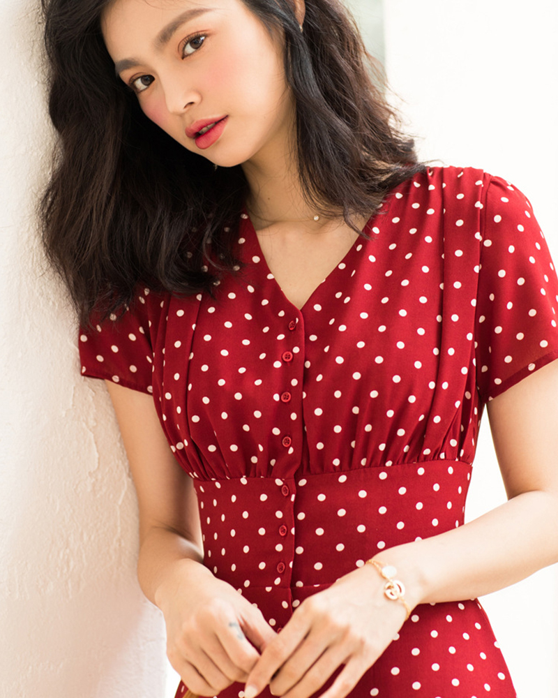V領排釦收腰點點洋裝 三色