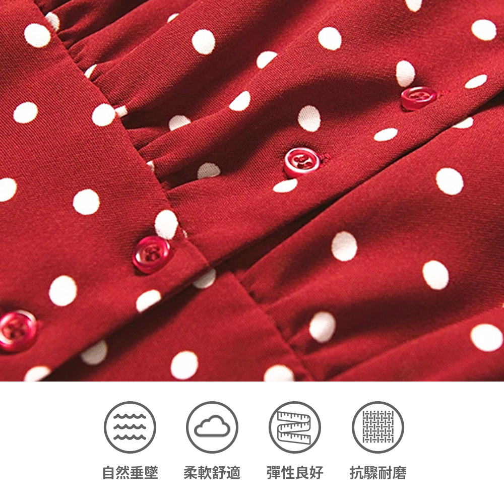 DEER.W V領排釦收腰點點洋裝 平拍細節