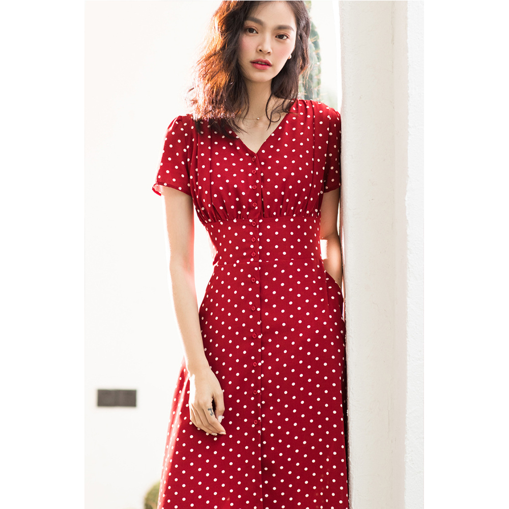 DEER.W V領排釦收腰點點洋裝 紅色