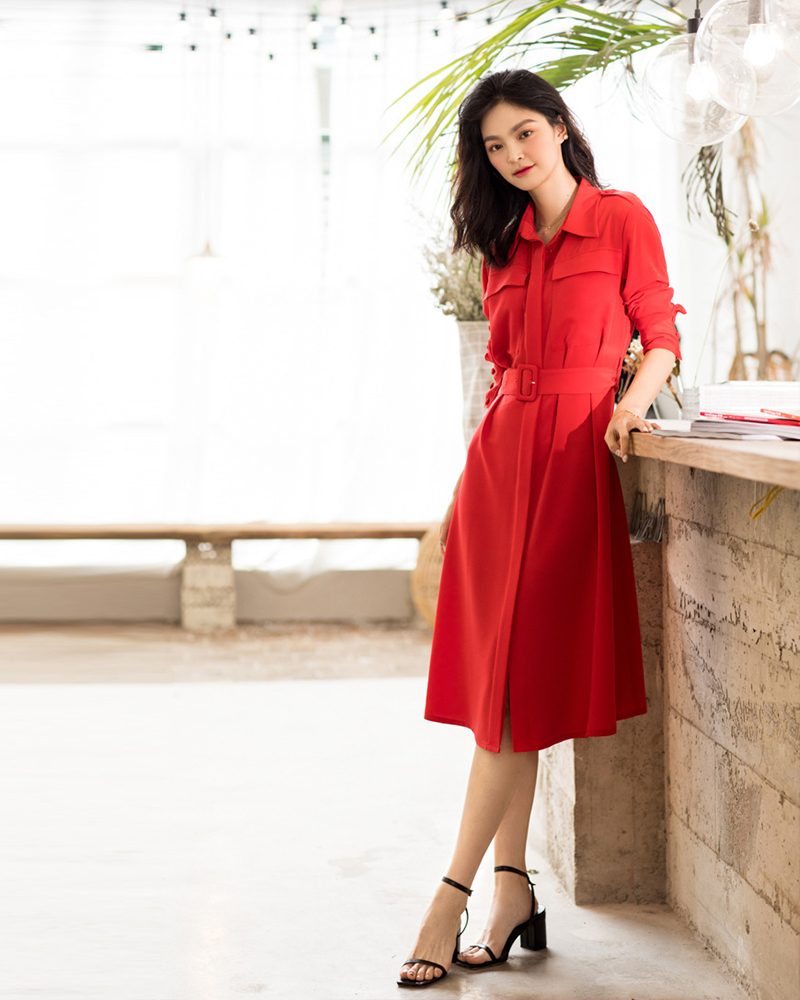 翻領腰帶襯衫長洋裝 三色