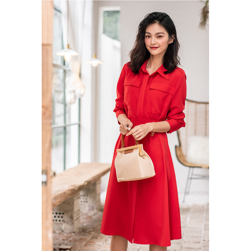 DEER.W 翻領腰帶襯衫長洋裝 紅色