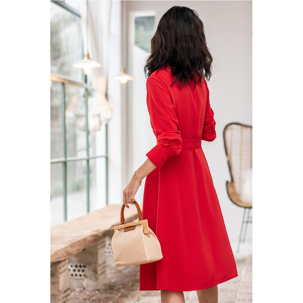 DEER.W 翻領腰帶襯衫長洋裝 紅色