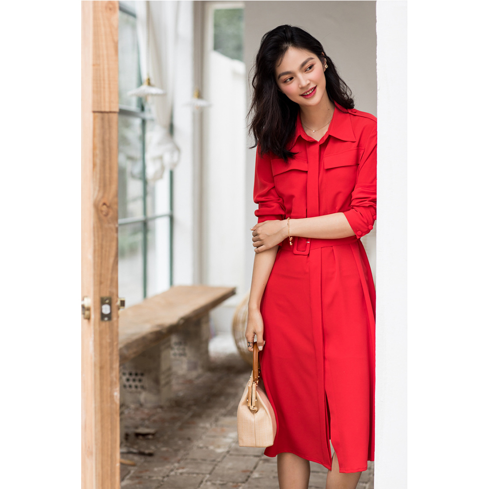 DEER.W 翻領腰帶襯衫長洋裝 紅色