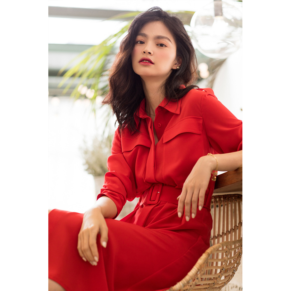 DEER.W 翻領腰帶襯衫長洋裝 紅色