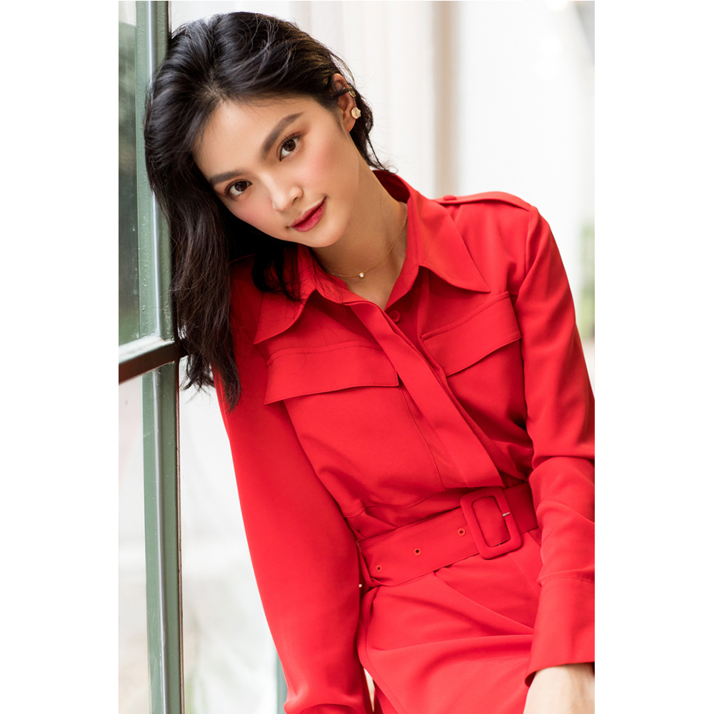 DEER.W 翻領腰帶襯衫長洋裝 紅色