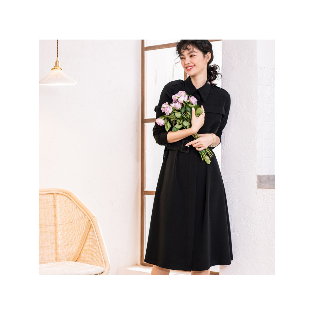 DEER.W 翻領腰帶襯衫長洋裝 黑色