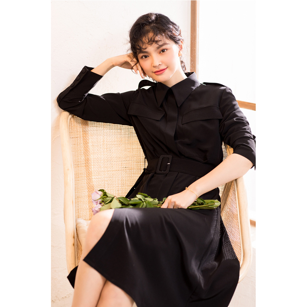 DEER.W 翻領腰帶襯衫長洋裝 黑色