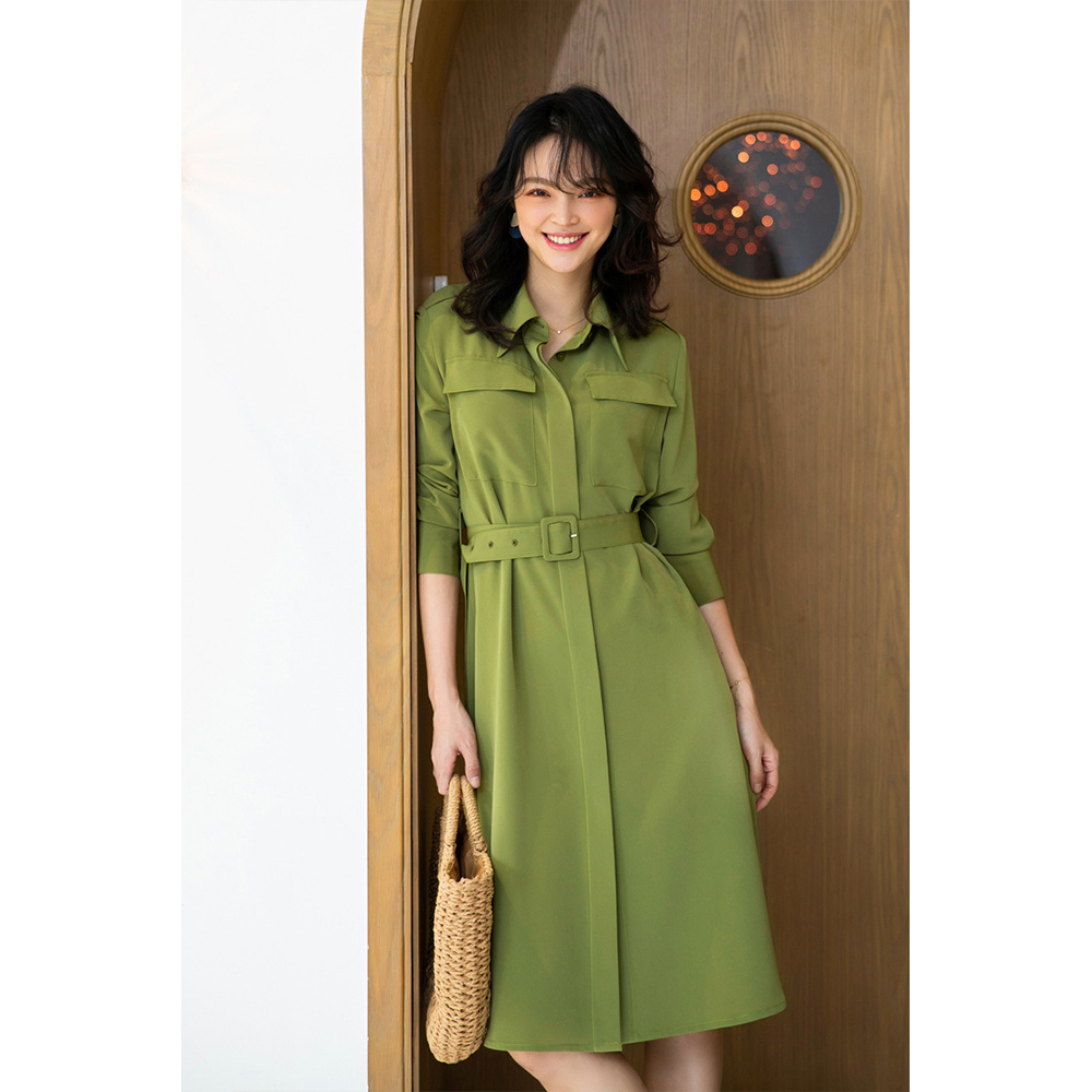 DEER.W 翻領腰帶襯衫長洋裝 綠色
