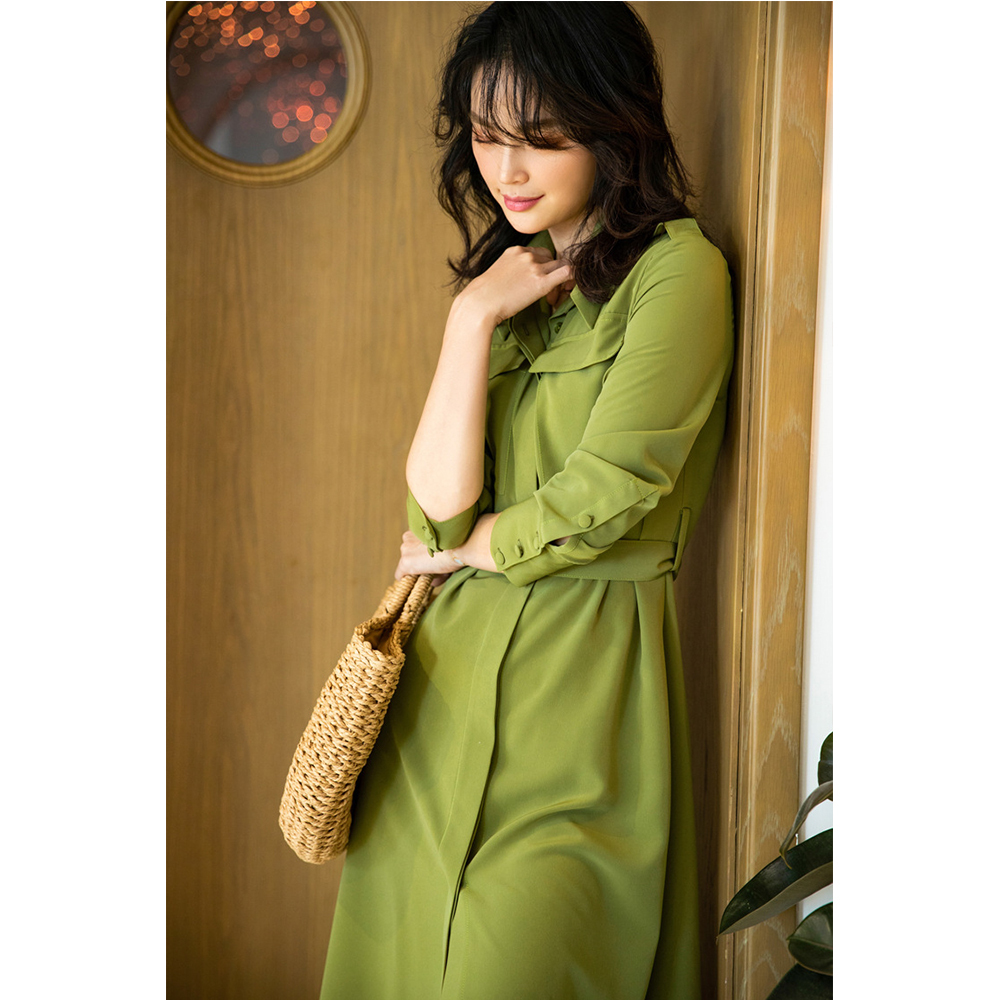 DEER.W 翻領腰帶襯衫長洋裝 綠色