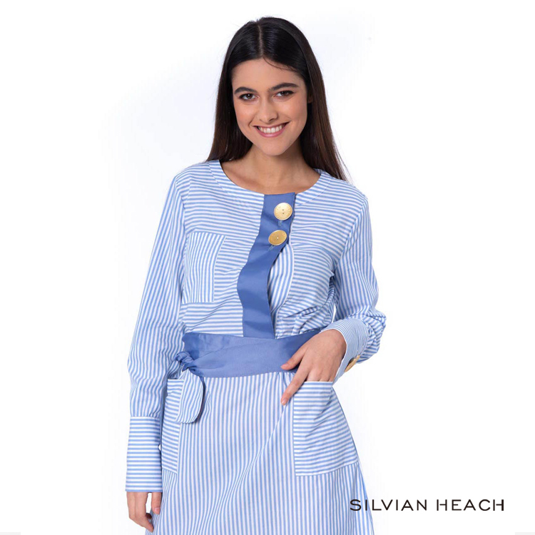 【silvian-heach】水藍色大鈕扣綁帶長袖洋裝