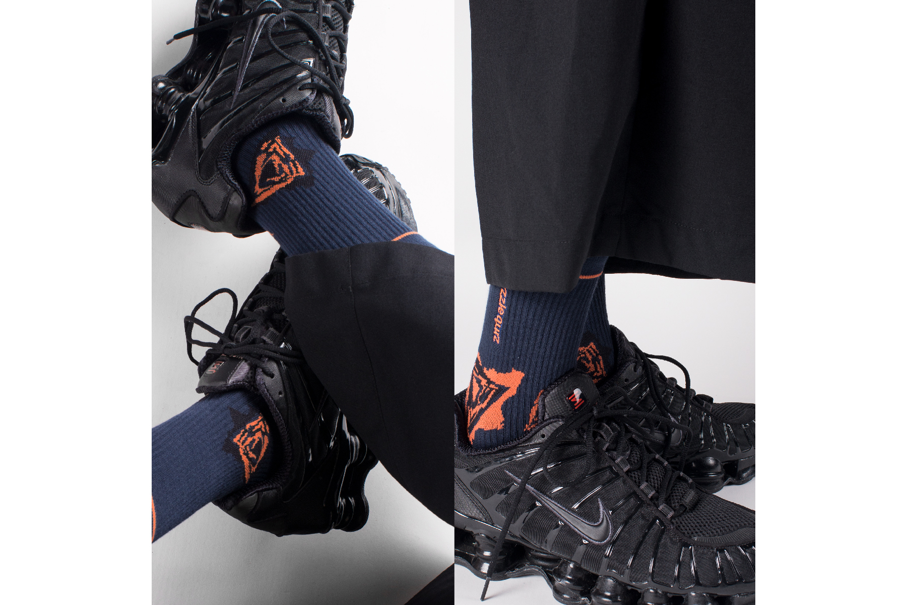 台灣街頭機能襪履品牌nozzle quiz "SPEED" 延續街頭個性，iGO螢光橘與螢光粉色彩更是本系列亮點 以「速度」為主題創作。影像及聲音因速度的快慢而產生的變化，以此為基礎轉化成圖像的變化。在襪口部分更採用雙層羅紋的設計讓層次更加豐富。