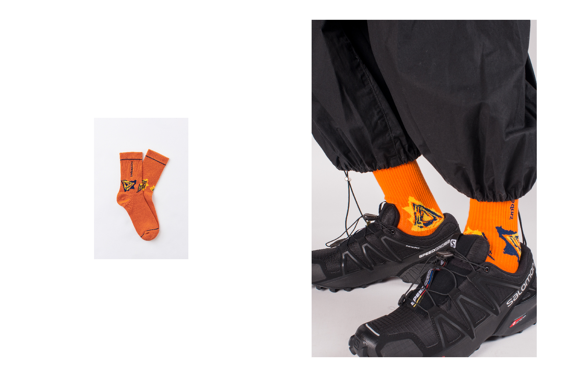 台灣街頭機能襪履品牌nozzle quiz "SPEED" 延續街頭個性，iGO螢光橘與螢光粉色彩更是本系列亮點 以「速度」為主題創作。影像及聲音因速度的快慢而產生的變化，以此為基礎轉化成圖像的變化。在襪口部分更採用雙層羅紋的設計讓層次更加豐富。